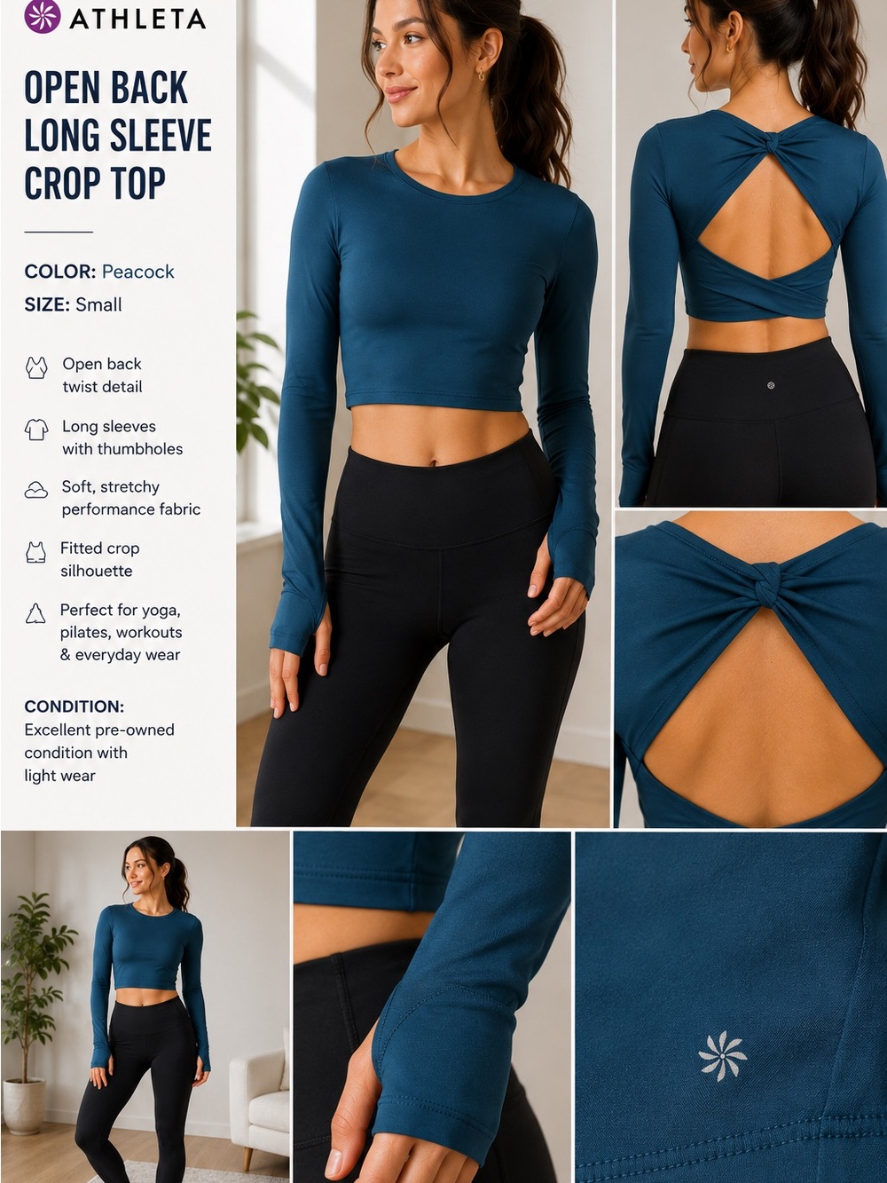 Athleta Peacock Blue Long Sleeve Open-Back Crop Top